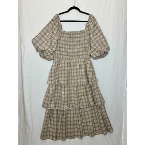 Calico Plaid Smocked Tiered Midi Dress Size 3XL Brown Puff Sleeve Cottage Prarie